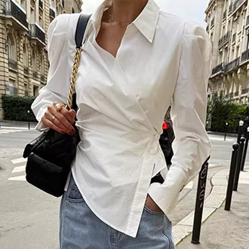 Chic Cross Button Shirt Women Elegant Fashion Irregular Long Sleeve Slim Blouse 2025 New French Style Design