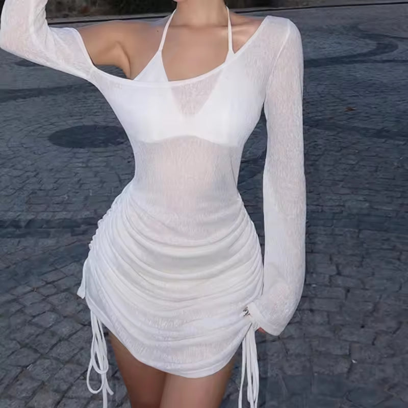 Mini dress with off-shoulder, scoop neck, drawstring, lace-up, bodycon, summer party fashion 2025 for women