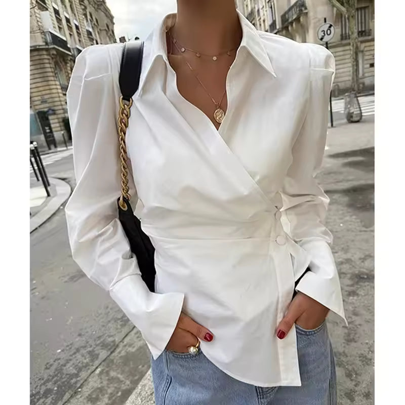 Chic Cross Button Shirt Women Elegant Fashion Irregular Long Sleeve Slim Blouse 2025 New French Style Design