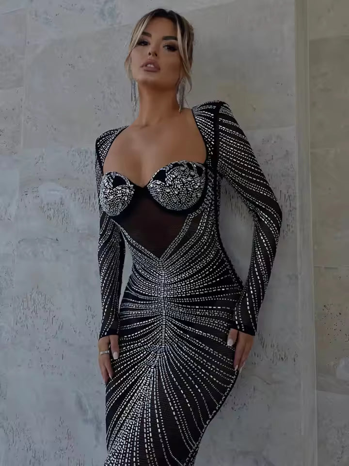 Women's Fashion Transparent Mesh Sparkling Party Maxi Dress Long Sleeve Sexy Bodycon Long Evening Dress