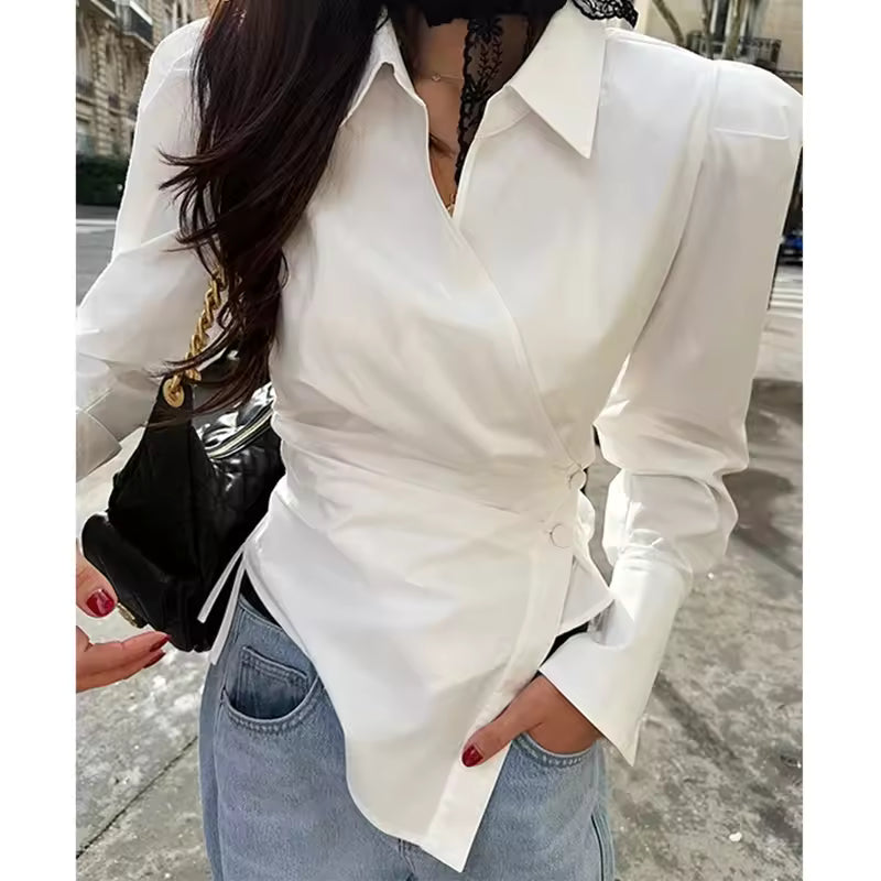 Chic Cross Button Shirt Women Elegant Fashion Irregular Long Sleeve Slim Blouse 2025 New French Style Design