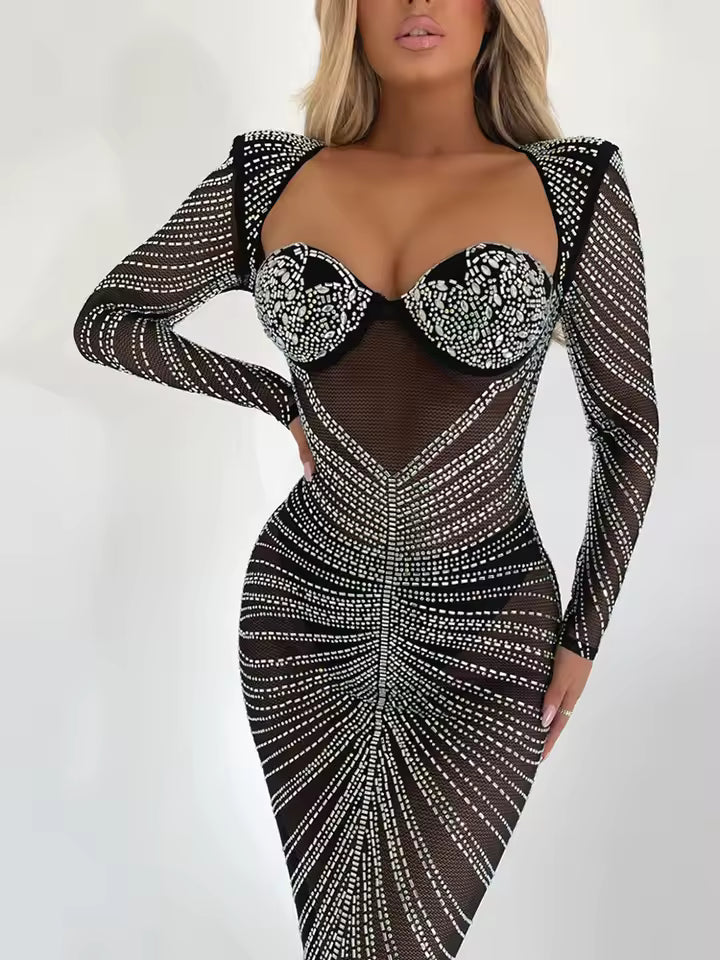 Women's Fashion Transparent Mesh Sparkling Party Maxi Dress Long Sleeve Sexy Bodycon Long Evening Dress