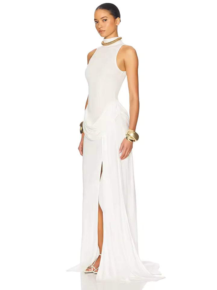Elegant women's sleeveless off-shoulder pleated maxi dress with thigh-high slit for club party