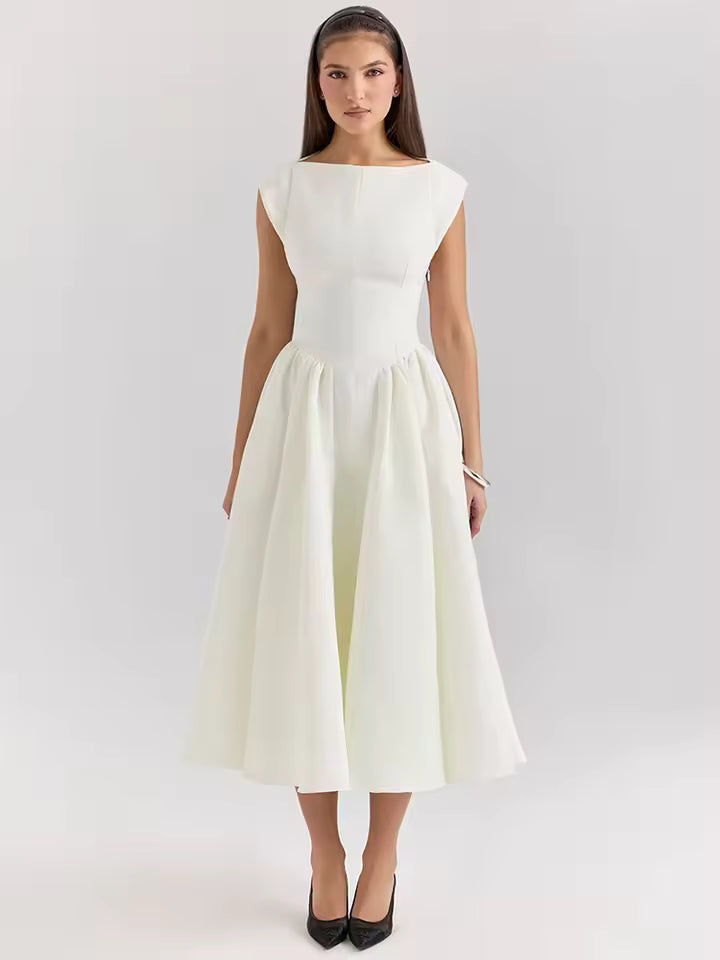 Sexy White Backless A-Line Maxi Dress for Women, Elegant Pleated Sleeveless Bodycon Dress, High Waist, Deep V-Neck