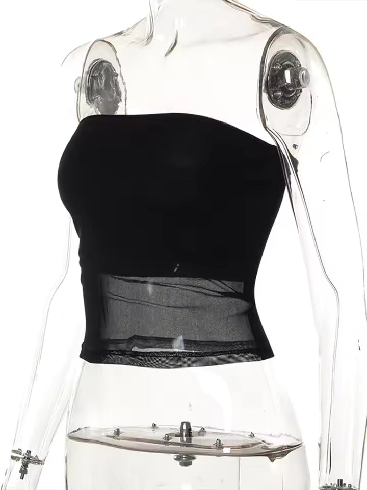 Mesh Corset Black Crop Top Women Patchwork Tube Top Sexy Sleeveless Off Shoulder Cami Summer Streetwear