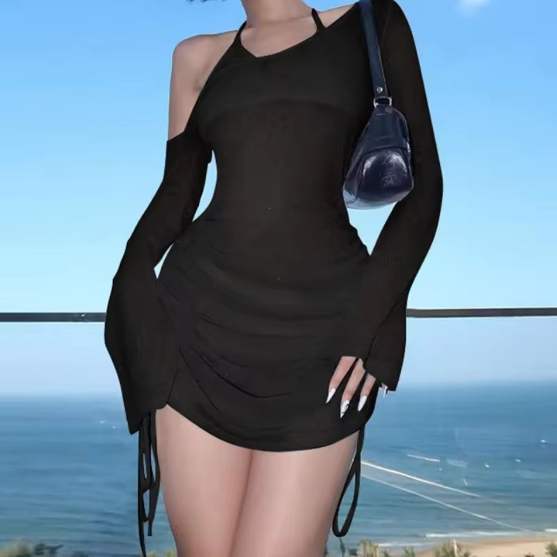 Mini dress with off-shoulder, scoop neck, drawstring, lace-up, bodycon, summer party fashion 2025 for women