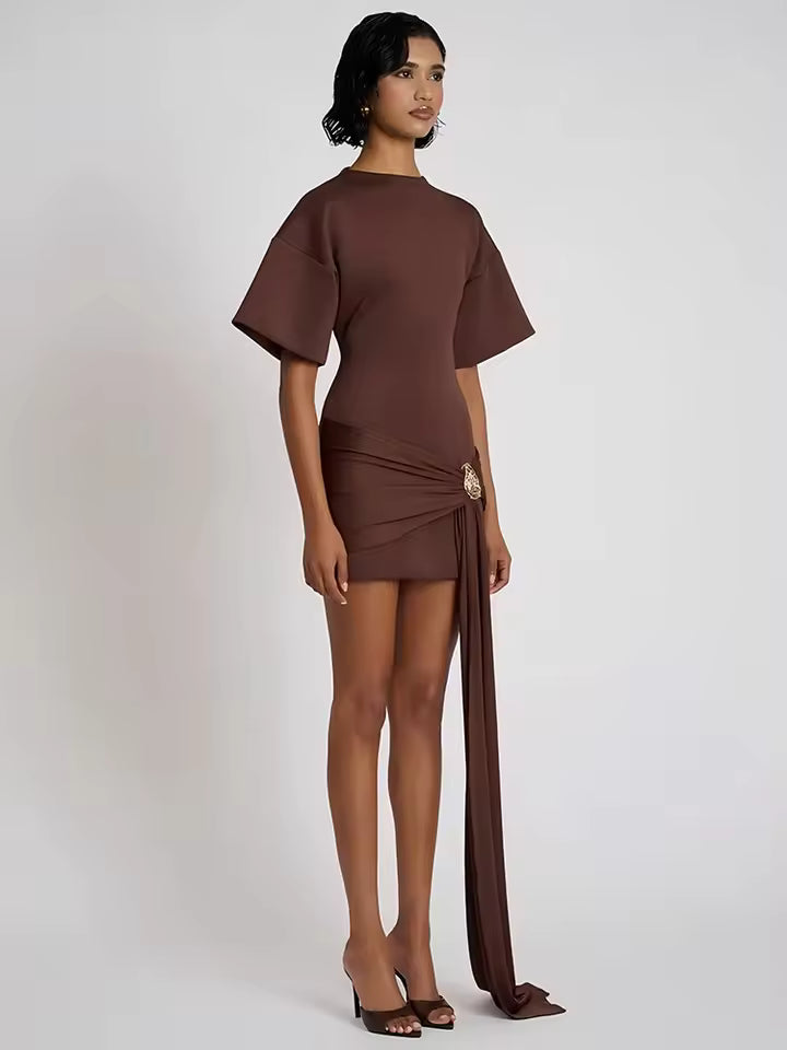 Women's Fashion Sexy Ruffle Short Sleeve Elegant Metal Decoration Round Neck High Waist Club Style New