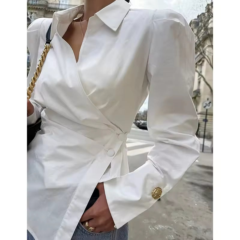 Chic Cross Button Shirt Women Elegant Fashion Irregular Long Sleeve Slim Blouse 2025 New French Style Design