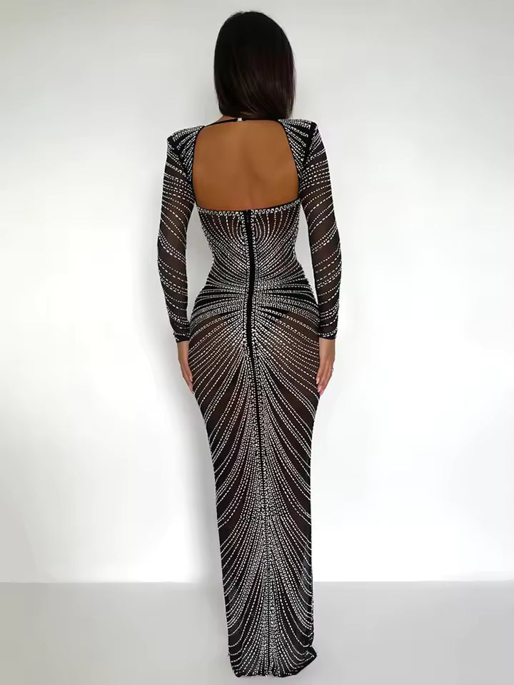 Women's Fashion Transparent Mesh Sparkling Party Maxi Dress Long Sleeve Sexy Bodycon Long Evening Dress
