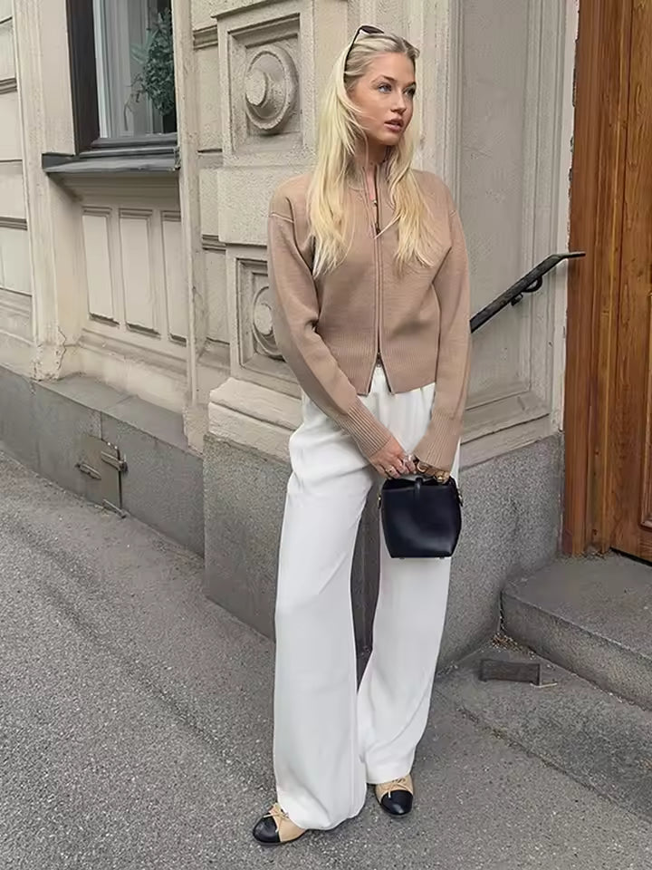 Elegant short-sleeved women's cardigan, tied at the waist, O-neck, zipper, slim fit