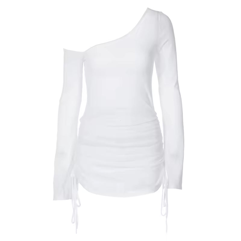 Mini dress with off-shoulder, scoop neck, drawstring, lace-up, bodycon, summer party fashion 2025 for women