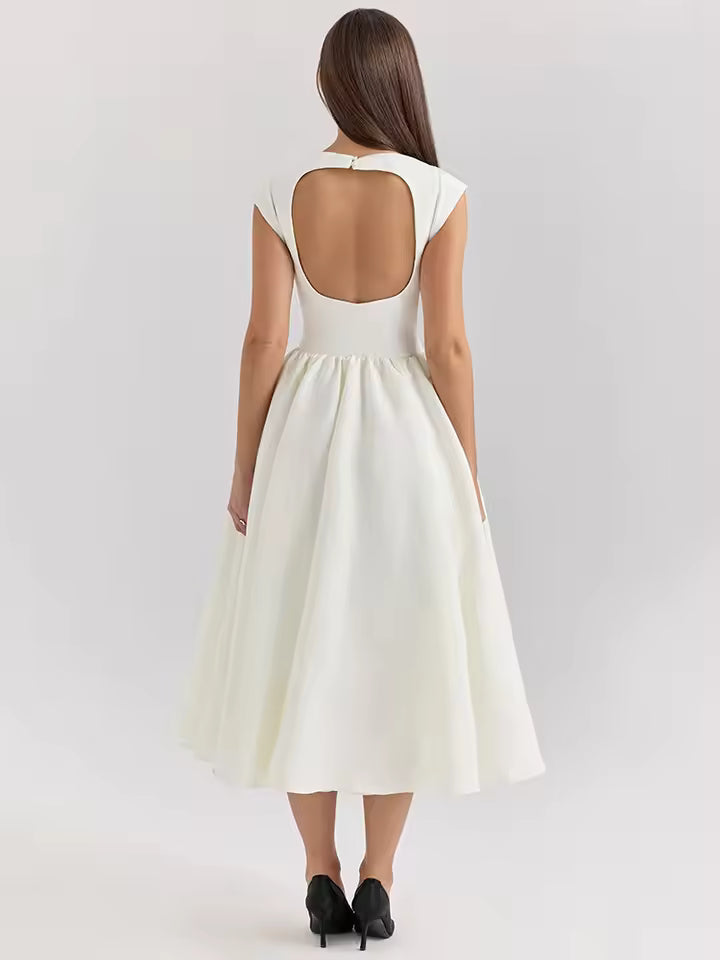 Sexy White Backless A-Line Maxi Dress for Women, Elegant Pleated Sleeveless Bodycon Dress, High Waist, Deep V-Neck