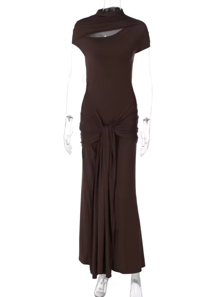 Sexy deep neck maxi dress for women, brown high neck, tight pleated