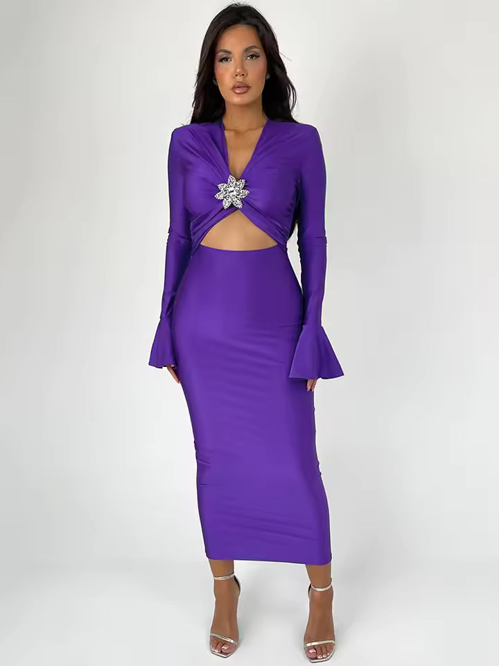 Sexy elegant backless maxi dress for women new spring v neck long flared sleeve tight evening party dress