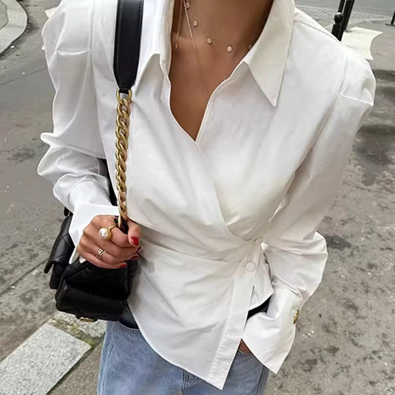 Chic Cross Button Shirt Women Elegant Fashion Irregular Long Sleeve Slim Blouse 2025 New French Style Design