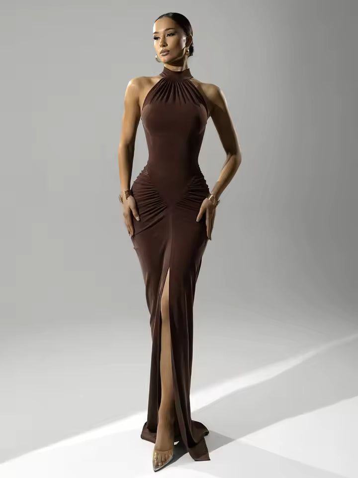 Women's Sleeveless Off Shoulder Bodycon Pleated Long Dress, High Waist, Elegant, Summer Club Party Dress