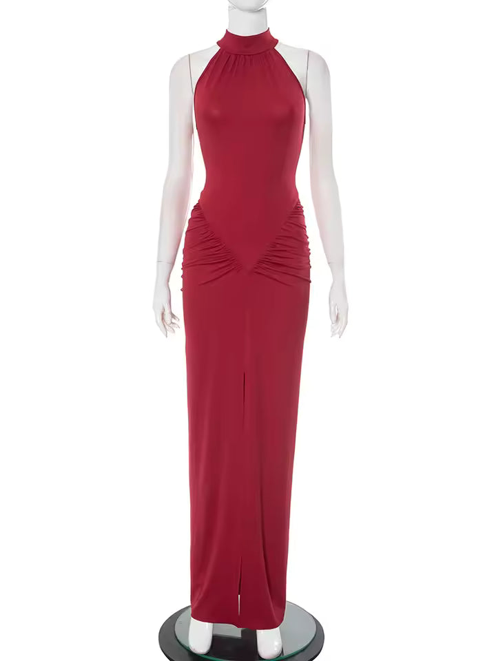 Women's Sleeveless Off Shoulder Bodycon Pleated Long Dress, High Waist, Elegant, Summer Club Party Dress