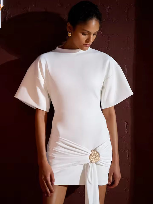 Women's Fashion Sexy Ruffle Short Sleeve Elegant Metal Decoration Round Neck High Waist Club Style New