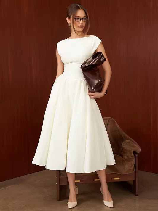 Sexy White Backless A-Line Maxi Dress for Women, Elegant Pleated Sleeveless Bodycon Dress, High Waist, Deep V-Neck