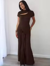 Sexy deep neck maxi dress for women, brown high neck, tight pleated