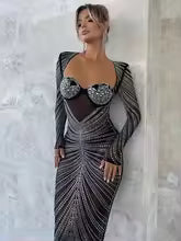 Women's Fashion Transparent Mesh Sparkling Party Maxi Dress Long Sleeve Sexy Bodycon Long Evening Dress