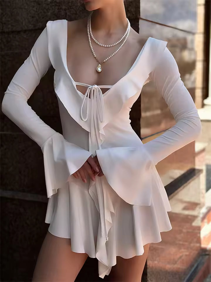 Sexy long sleeve patchwork V-neck pleated white short dress, slim fit, elegant summer dress for women