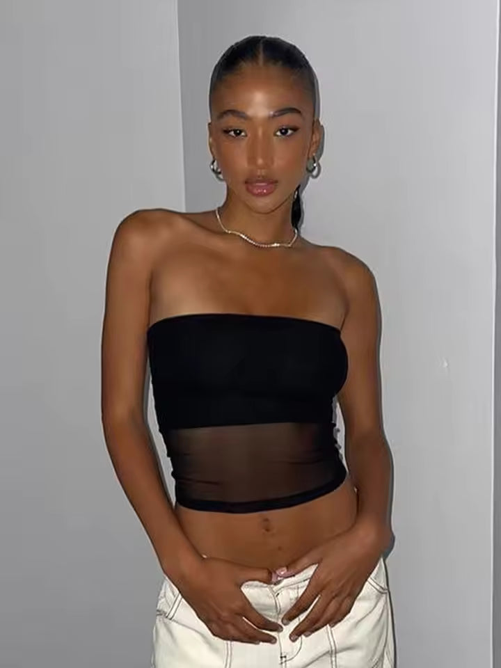 Mesh Corset Black Crop Top Women Patchwork Tube Top Sexy Sleeveless Off Shoulder Cami Summer Streetwear