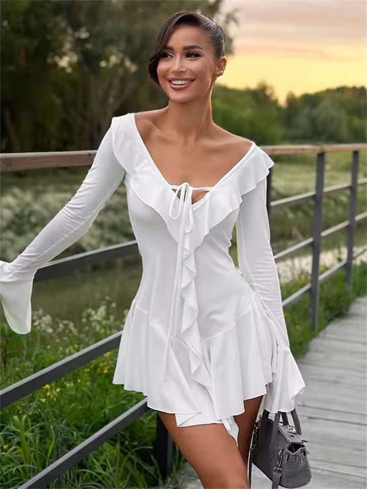 Sexy long sleeve patchwork V-neck pleated white short dress, slim fit, elegant summer dress for women