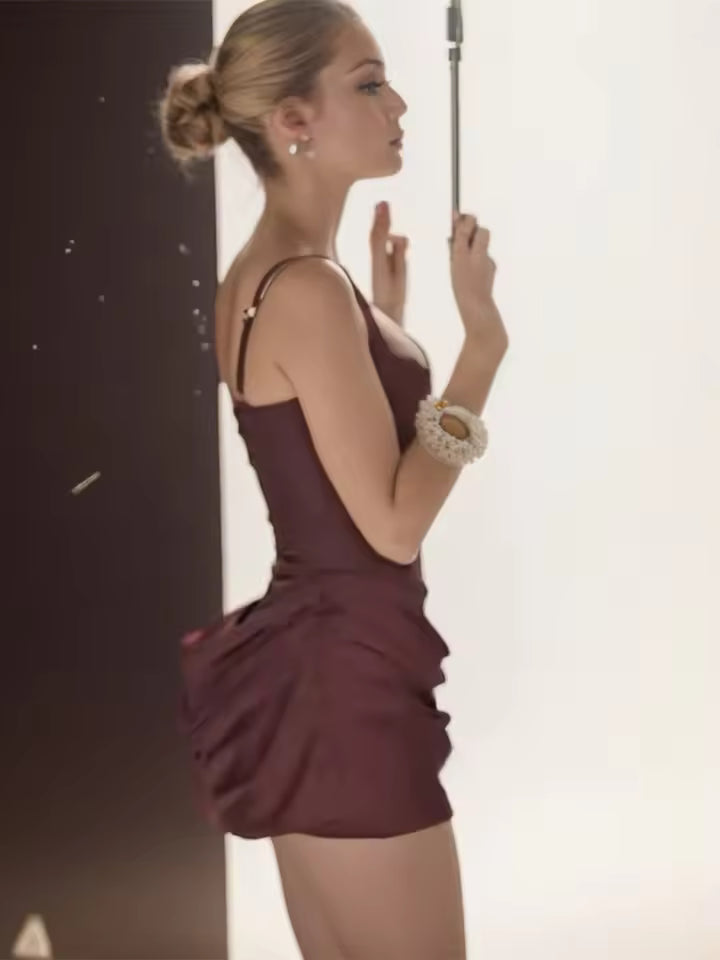 Elegant brown pleated mini dress for women, U-neck, sleeveless, wrap back, bodycon