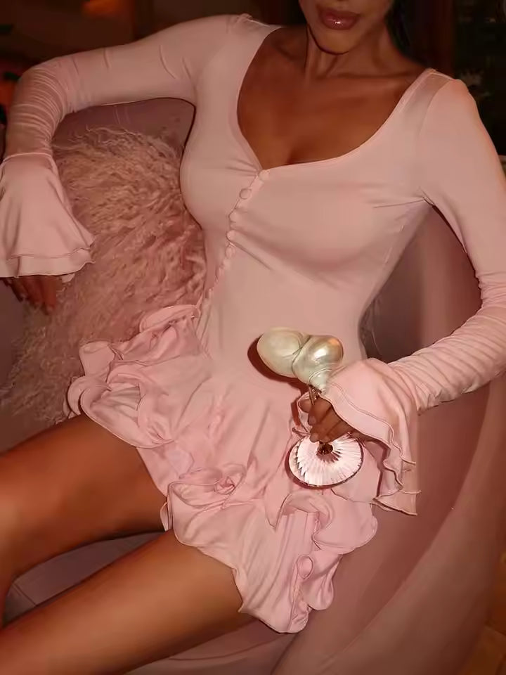 Blifanbo sexy flared sleeve pleated V-neck mini dress for women, tight A-line dress, straight cut, single-breasted, high waist