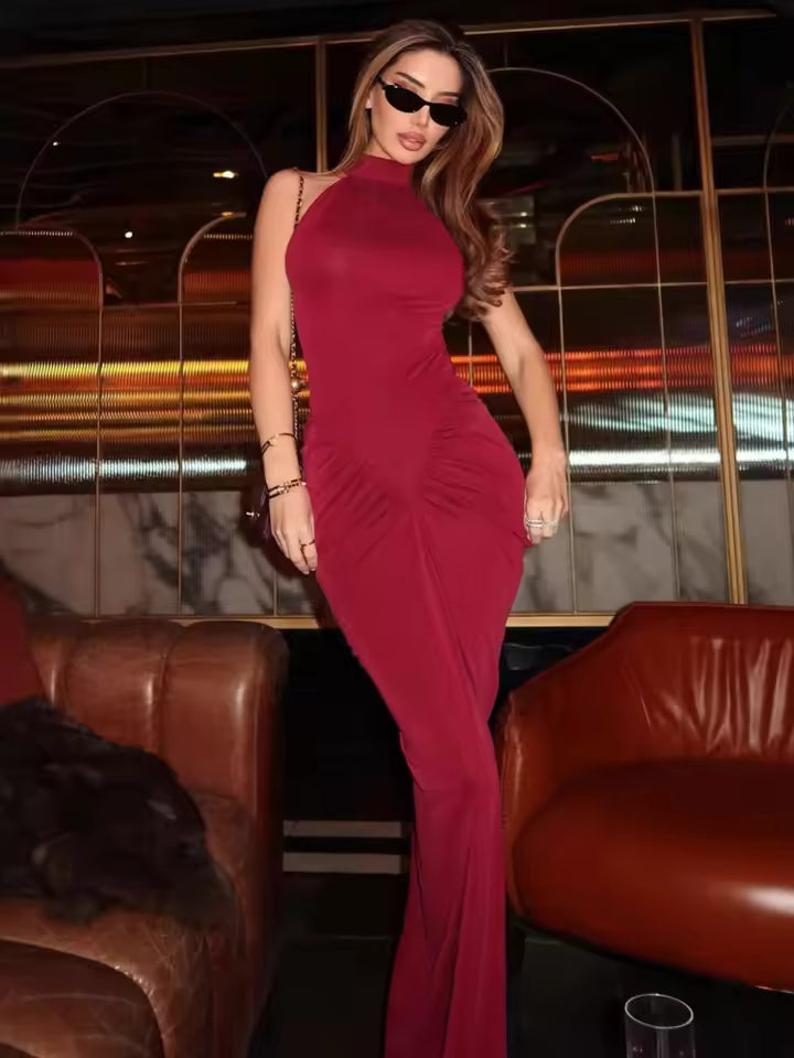 Women's Sleeveless Off Shoulder Bodycon Pleated Long Dress, High Waist, Elegant, Summer Club Party Dress