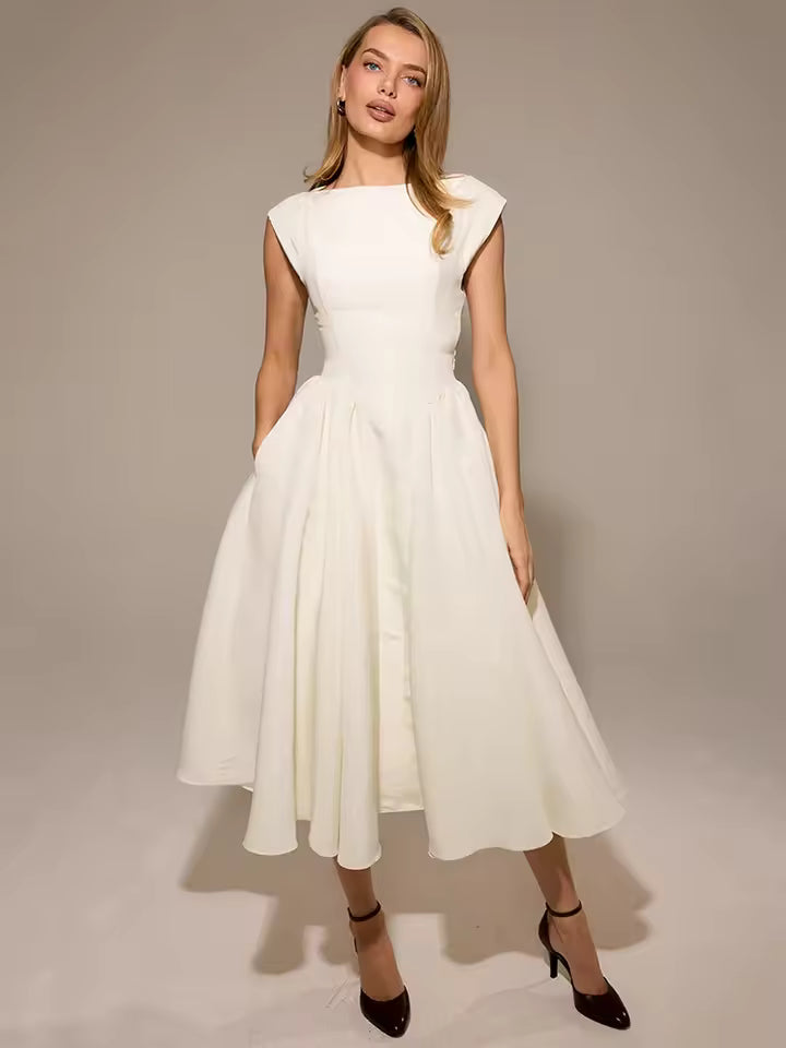 Sexy White Backless A-Line Maxi Dress for Women, Elegant Pleated Sleeveless Bodycon Dress, High Waist, Deep V-Neck