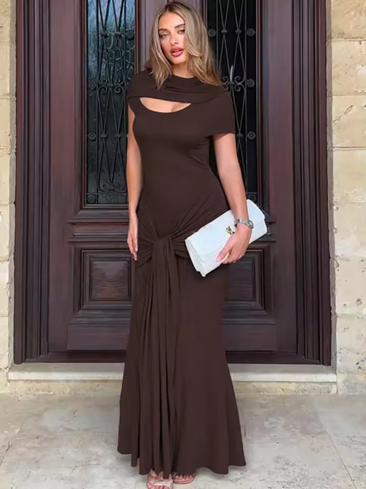 Sexy deep neck maxi dress for women, brown high neck, tight pleated