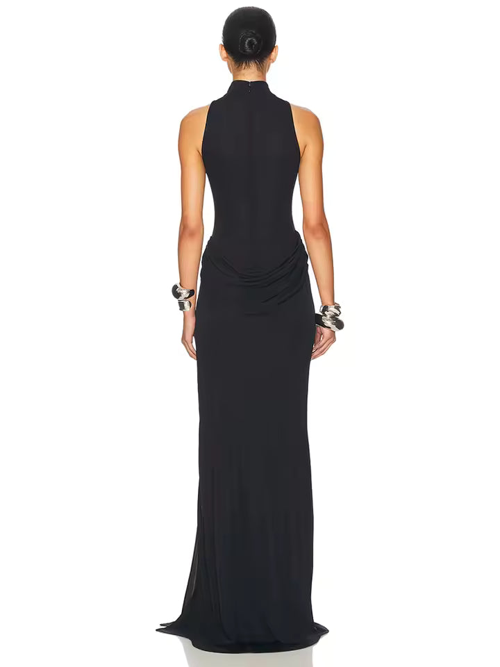 Elegant women's sleeveless off-shoulder pleated maxi dress with thigh-high slit for club party