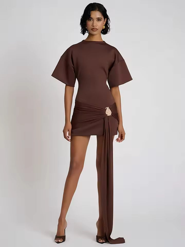 Women's Fashion Sexy Ruffle Short Sleeve Elegant Metal Decoration Round Neck High Waist Club Style New