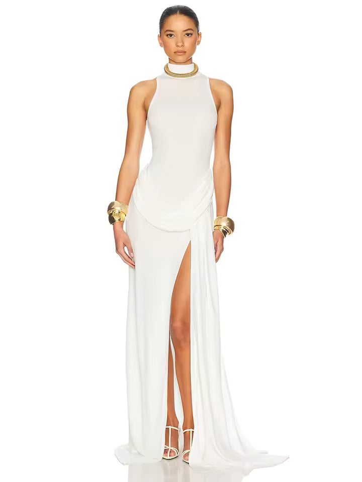 Elegant women's sleeveless off-shoulder pleated maxi dress with thigh-high slit for club party