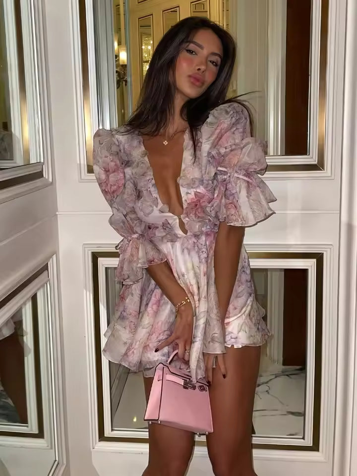 New fashion sexy printed V-neck flared sleeve A-line pleated high waist short dress for ladies to attend summer evening party