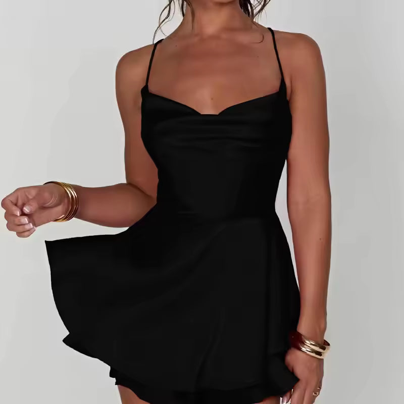 Sexy backless satin strap short dress in solid color summer elegant sweet