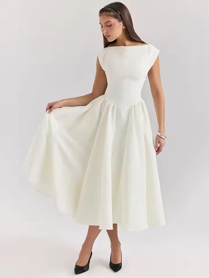 Sexy White Backless A-Line Maxi Dress for Women, Elegant Pleated Sleeveless Bodycon Dress, High Waist, Deep V-Neck