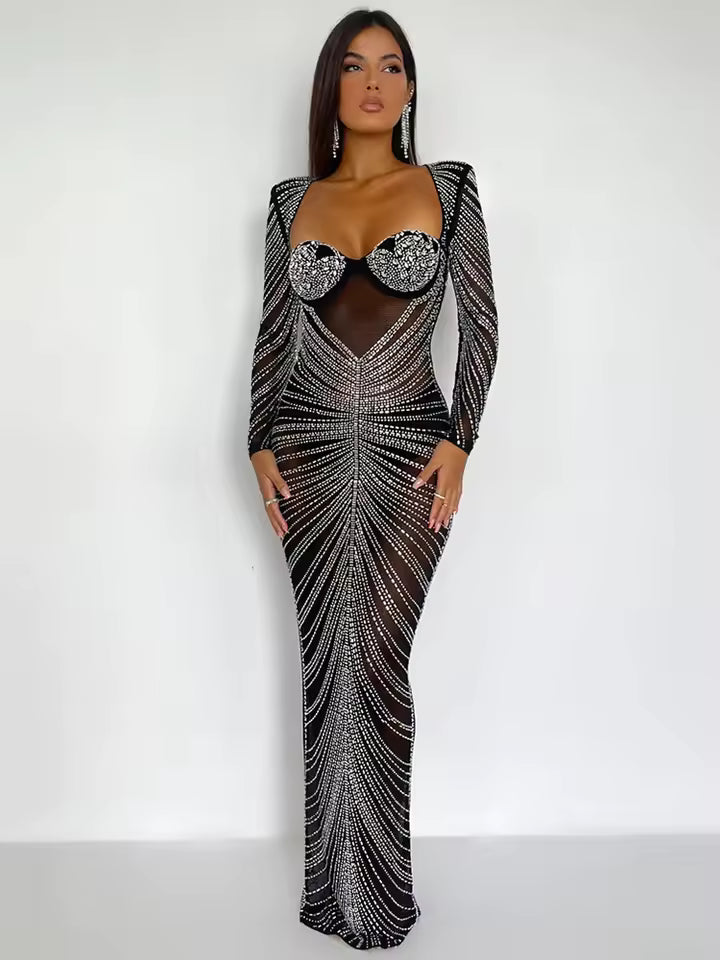Women's Fashion Transparent Mesh Sparkling Party Maxi Dress Long Sleeve Sexy Bodycon Long Evening Dress