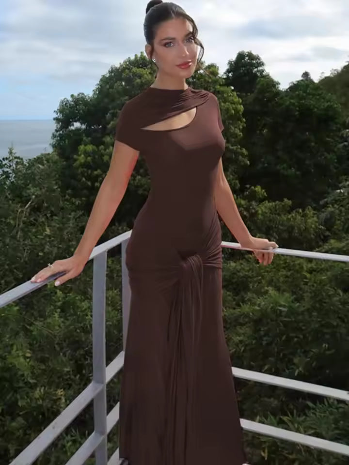 Sexy deep neck maxi dress for women, brown high neck, tight pleated