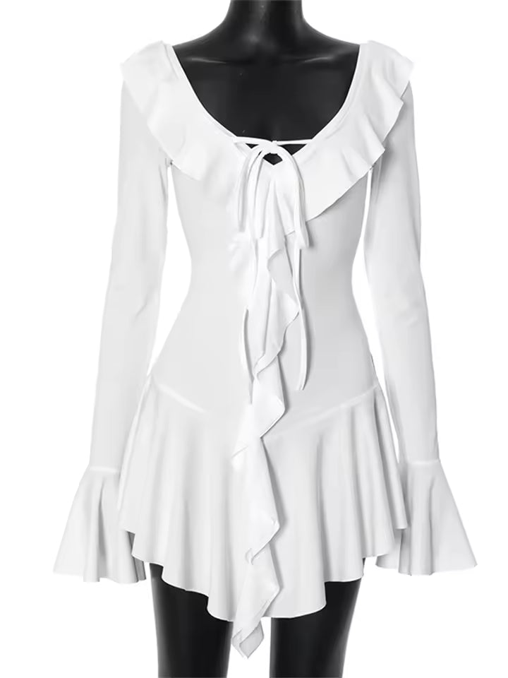 Sexy long sleeve patchwork V-neck pleated white short dress, slim fit, elegant summer dress for women