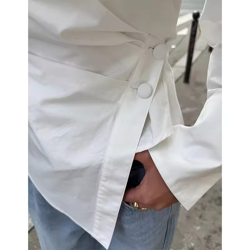 Chic Cross Button Shirt Women Elegant Fashion Irregular Long Sleeve Slim Blouse 2025 New French Style Design