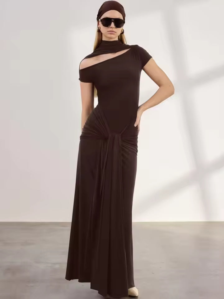 Sexy deep neck maxi dress for women, brown high neck, tight pleated