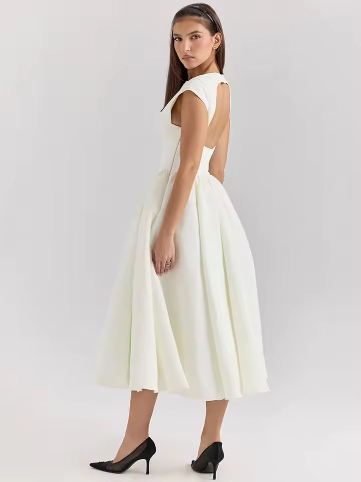 Sexy White Backless A-Line Maxi Dress for Women, Elegant Pleated Sleeveless Bodycon Dress, High Waist, Deep V-Neck