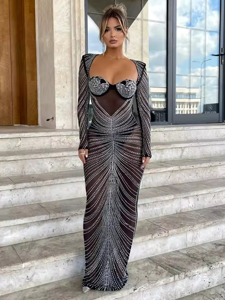 Women's Fashion Transparent Mesh Sparkling Party Maxi Dress Long Sleeve Sexy Bodycon Long Evening Dress
