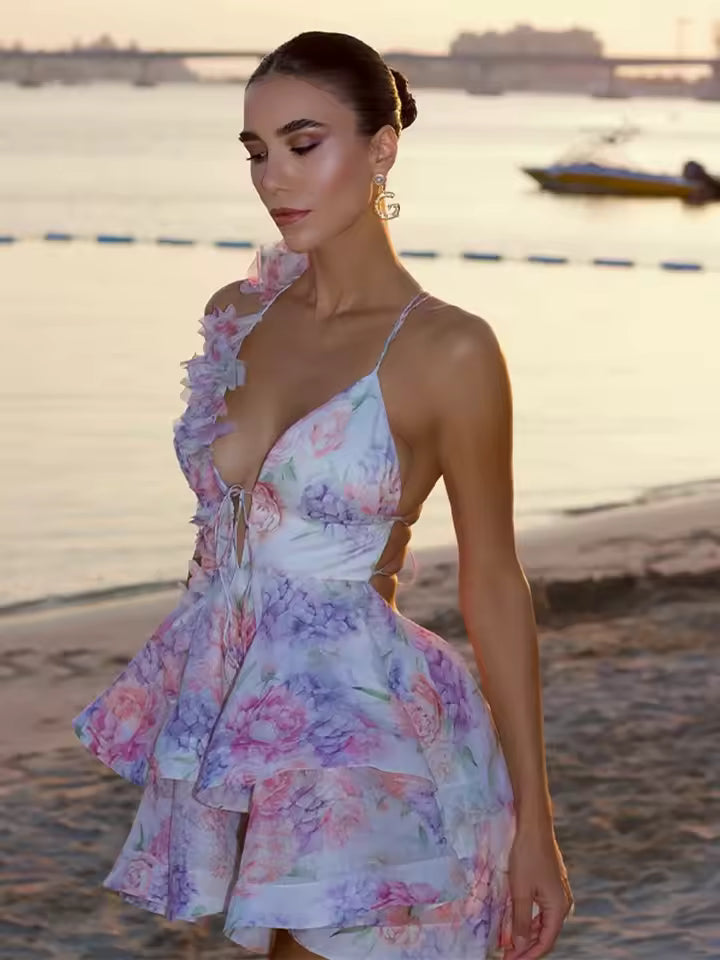 New fashion sexy printed V-neck flared sleeve A-line pleated high waist short dress for ladies to attend summer evening party