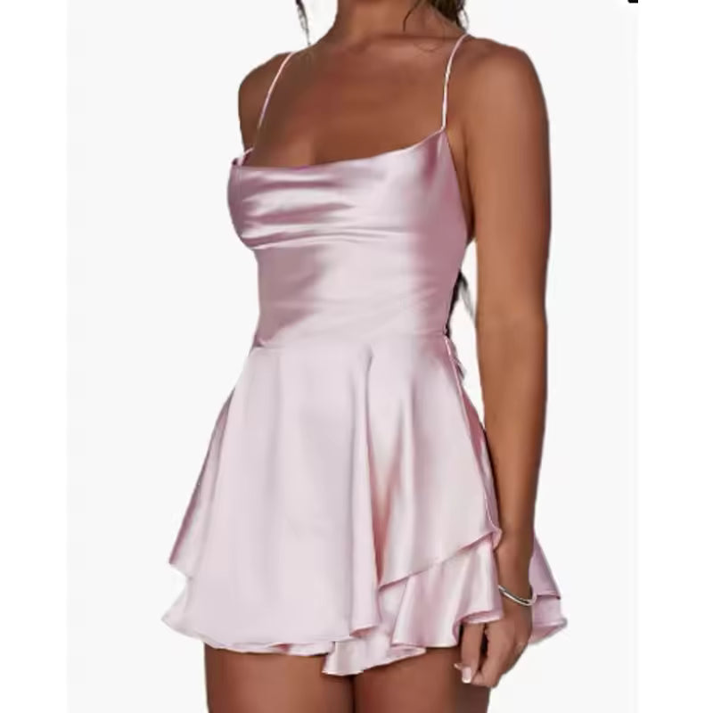 Sexy backless satin strap short dress in solid color summer elegant sweet