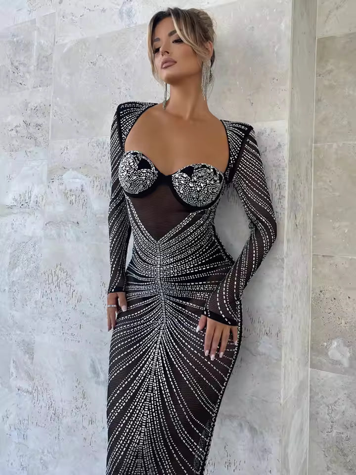 Women's Fashion Transparent Mesh Sparkling Party Maxi Dress Long Sleeve Sexy Bodycon Long Evening Dress