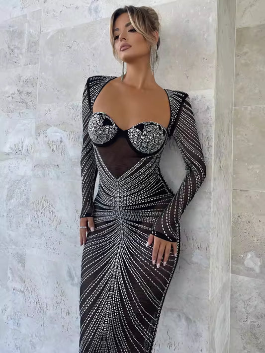 Women's Fashion Transparent Mesh Sparkling Party Maxi Dress Long Sleeve Sexy Bodycon Long Evening Dress